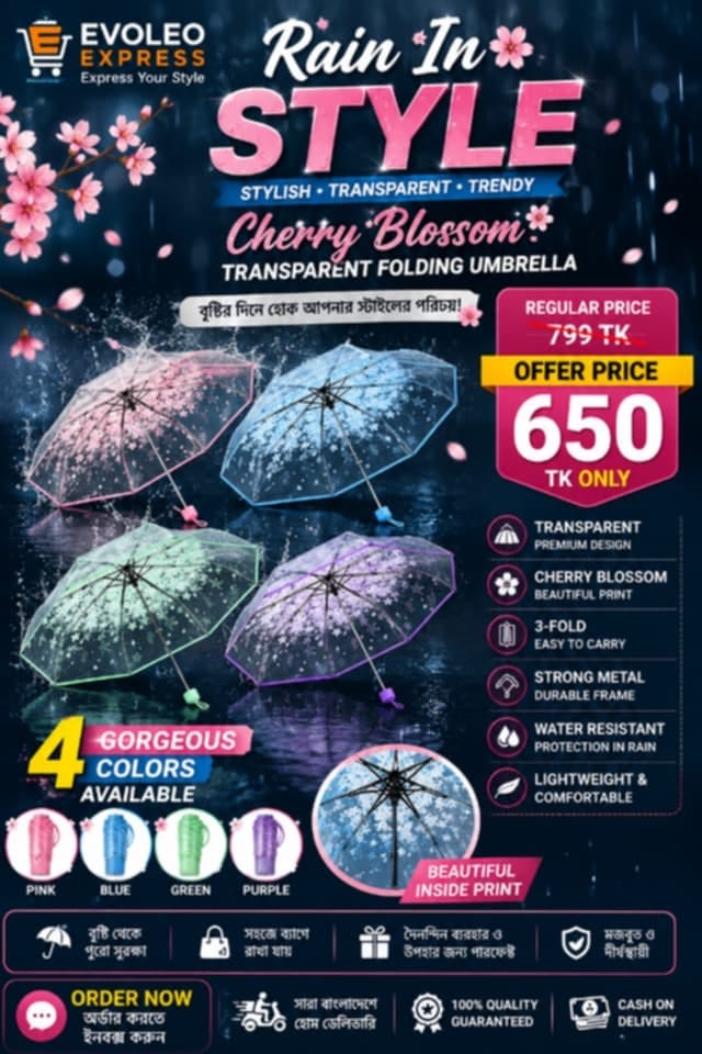 Cherry Blossom Transparent Folding Umbrella