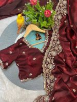 Indian Fendi Silk Saree with Sequins Embroidery - Evoleo Express - Image 5