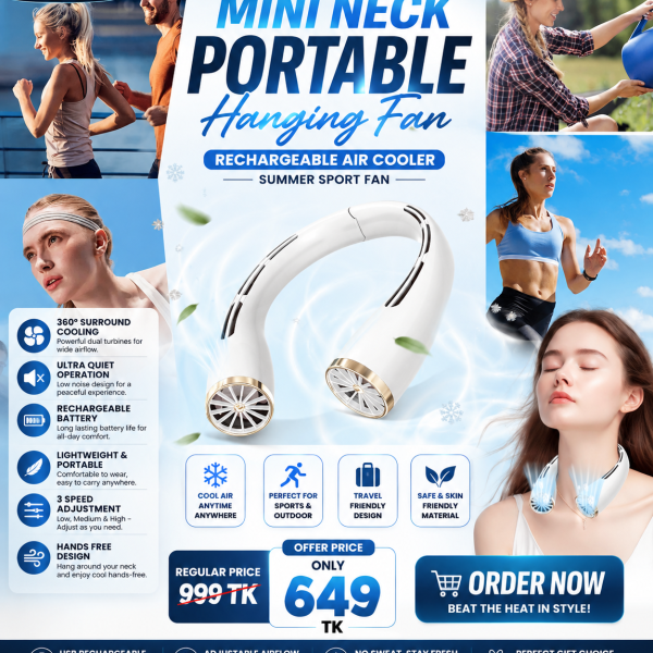 Mini Neck Portable Hanging Fan - Rechargeable Air Cooler (3 Speed Mode) - Evoleo Express