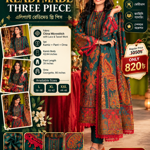 Elegant China Microstitch Readymade Three Piece Set with Lace & Tassel Work