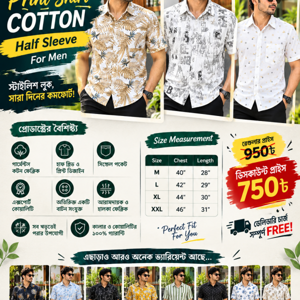 Men's Premium Cotton Half Sleeve Printed Shirt - Free Delivery