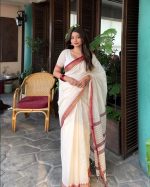 Afsan Print Sharee with Blouse Piece - Elegant Off-White & Maroon Tassel Sharee - Image 4