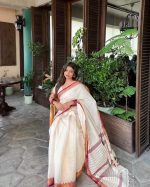 Afsan Print Sharee with Blouse Piece - Elegant Off-White & Maroon Tassel Sharee - Image 3