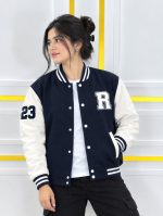 Stylish 100% Cotton Varsity Jacket for Women & Girls (300+ GSM) - Black & Contrast - Image 7