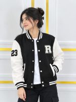 Stylish 100% Cotton Varsity Jacket for Women & Girls (300+ GSM) - Black & Contrast - Image 6