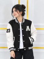 Stylish 100% Cotton Varsity Jacket for Women & Girls (300+ GSM) - Black & Contrast - Image 4