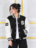 Stylish 100% Cotton Varsity Jacket for Women & Girls (300+ GSM) - Black & Contrast - Image 5