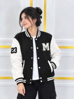 Stylish 100% Cotton Varsity Jacket for Women & Girls (300+ GSM) - Black & Contrast - Image 2