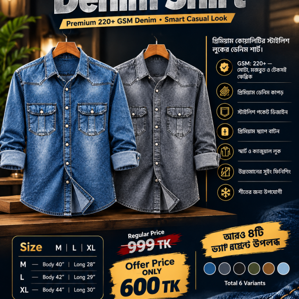 Premium Trendy Denim Shirt for Men - 220+ GSM Heavy Cotton Denim