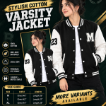 Stylish 100% Cotton Varsity Jacket for Women & Girls (300+ GSM) - Black & Contrast