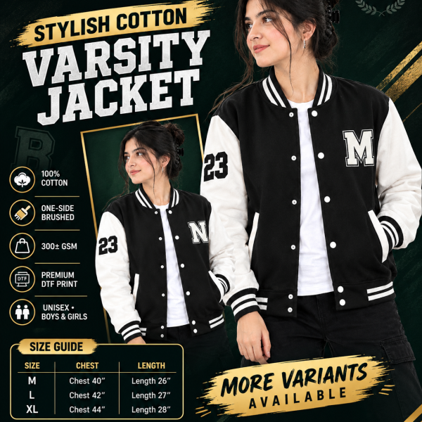 Stylish 100% Cotton Varsity Jacket for Women & Girls (300+ GSM) - Black & Contrast