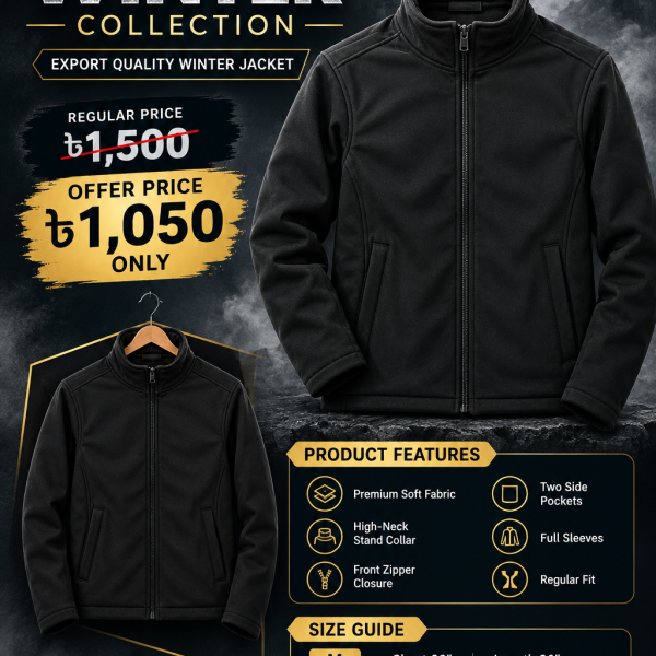 Export Quality High-Neck Winter Jacket for Men - Black